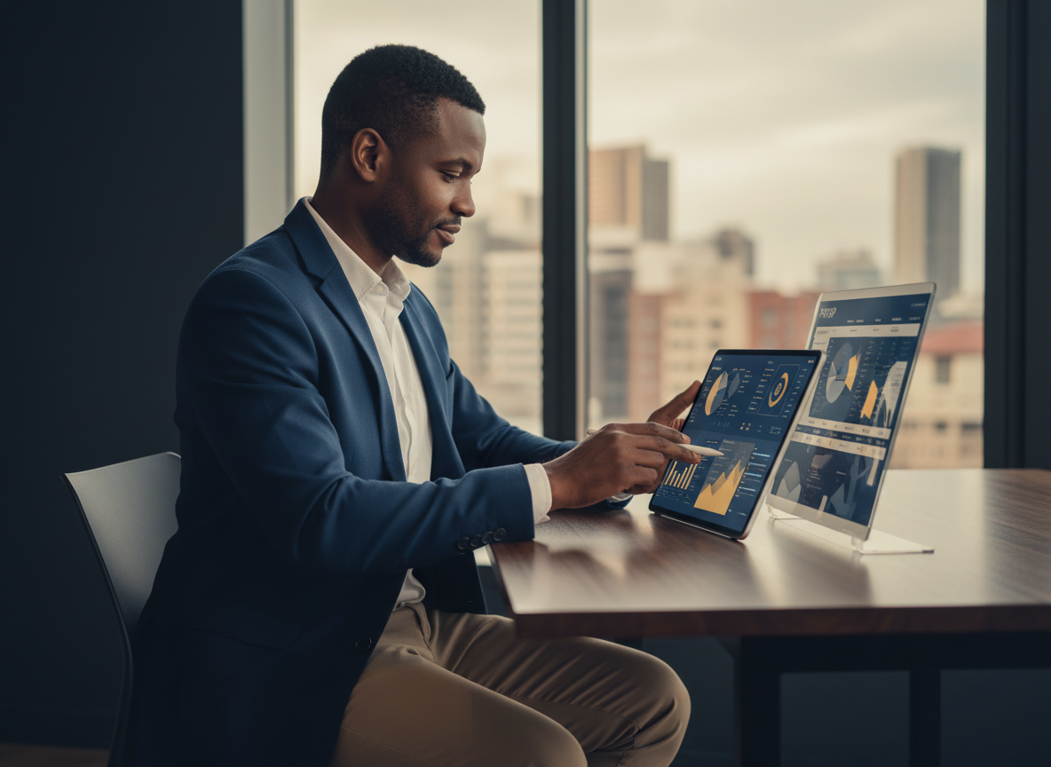 A confident South African professional reviewing financial documents and a payslip on a tablet at a sleek desk near a window with soft natural light.